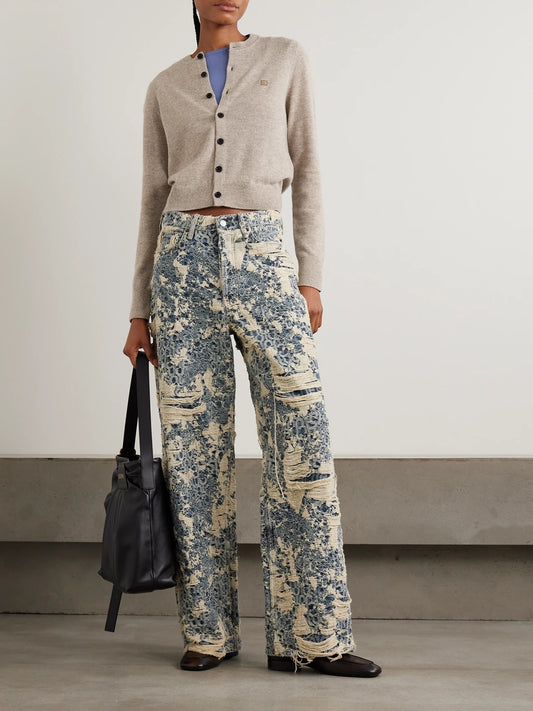 Image of a model wearing Outerwear. Product name - Appliquéd Wool And Yak Hair-blend Cardigan in Beige colour by brand - Acne Studios