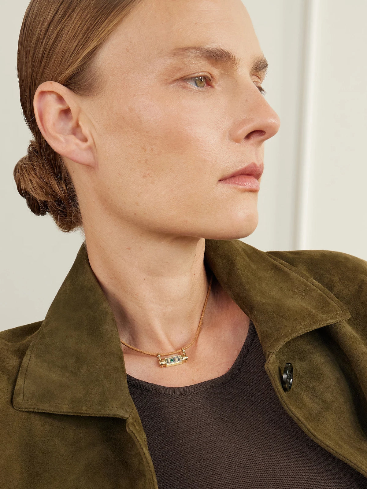 Image of Necklaces. Product name - Luck 18-karat Yellow And White Gold, Emerald And Leather Necklace in Multi colour by brand - Marie Lichtenberg