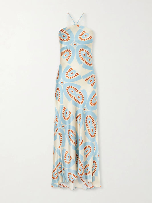 Image of Dresses. Product name - Thaleia Printed Silk-satin Maxi Dress in Blue colour by brand - Themis Z