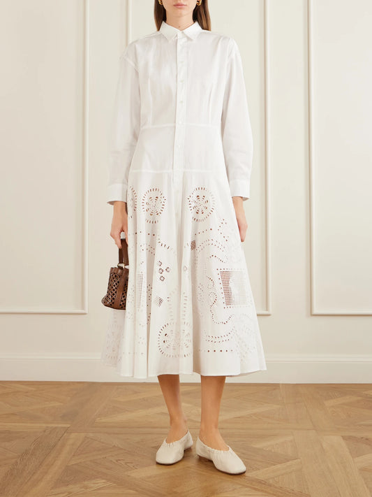 Image of Dresses. Product name - Broderie Anglaise Cotton Midi Dress in White colour by brand - Polo Ralph Lauren