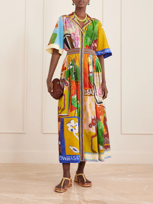 Image of Dresses. Product name - Mlak Shirred Pleated Printed Cotton And Silk-blend Voile Midi Dress in Multi colour by brand - ALÉMAIS