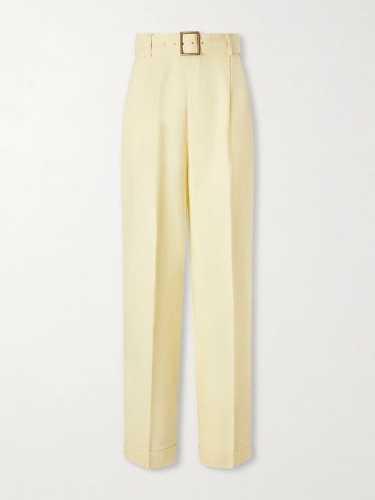 Image of a model wearing Pants. Product name - Belted Linen Wide-leg Pants in Pastel yellow colour by brand - Polo Ralph Lauren