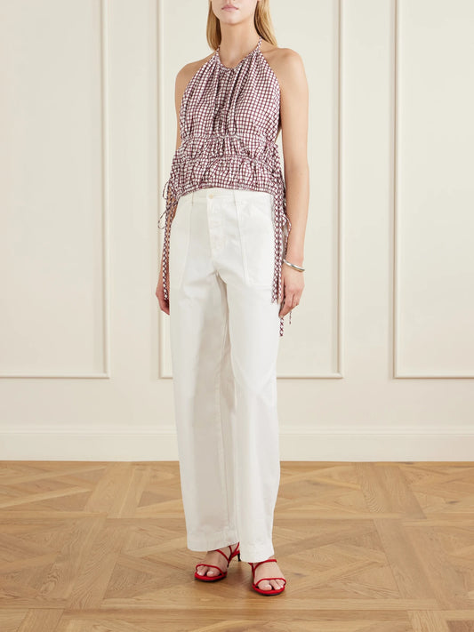 Image of a model wearing Tops. Product name - Lina Checked Cotton Halterneck Top in Burgundy colour by brand - LIBEROWE