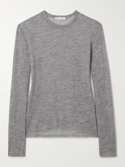 Image of a model wearing Tops. Product name - Iverness Cashmere Top in Gray colour by brand - The Row