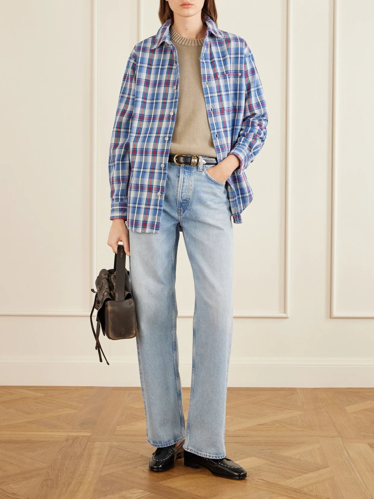 Image of a model wearing Tops. Product name - Checked Plaid Cotton Workshirt in Blue colour by brand - Aimé Leon Dore