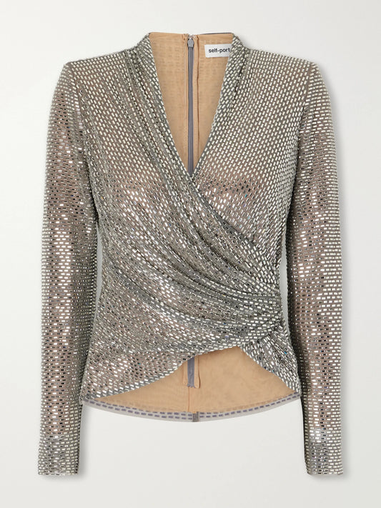 Self-Portrait Crystal-embellished Gathered Mesh Blouse