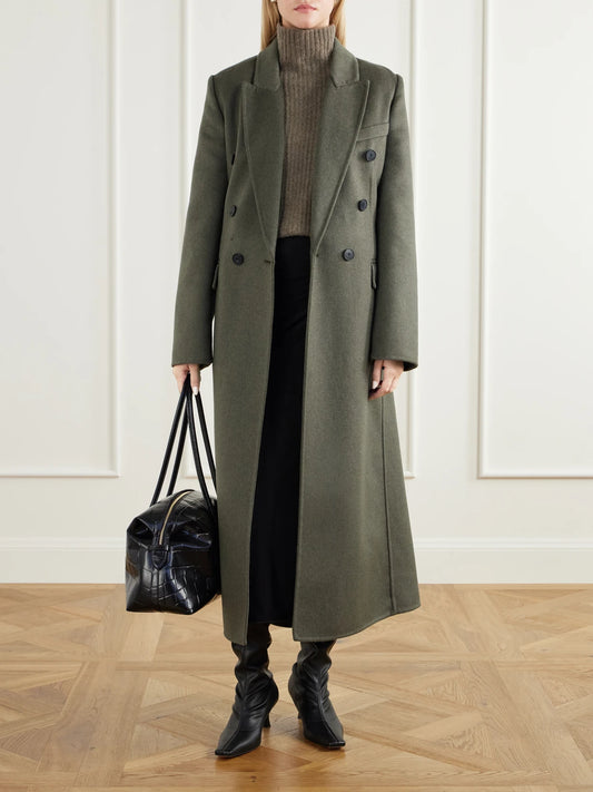 Image of Coats & Jackets. Product name - Catriona Double-breasted Wool And Cashmere-blend Coat in Army green colour by brand - Victoria Beckham