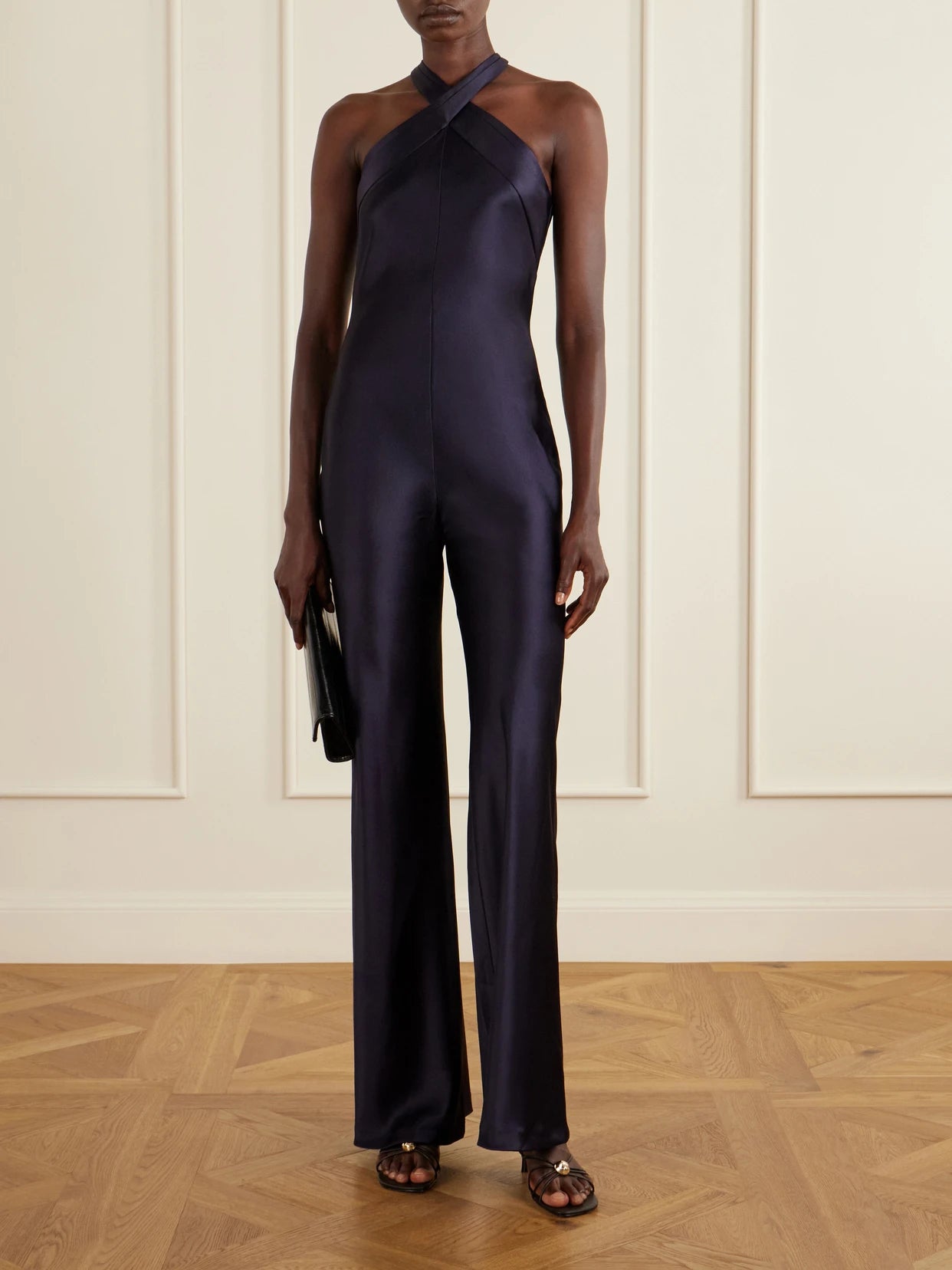 Image of Bodysuits. Product name - Eve Satin Jumpsuit in Navy colour by brand - Galvan