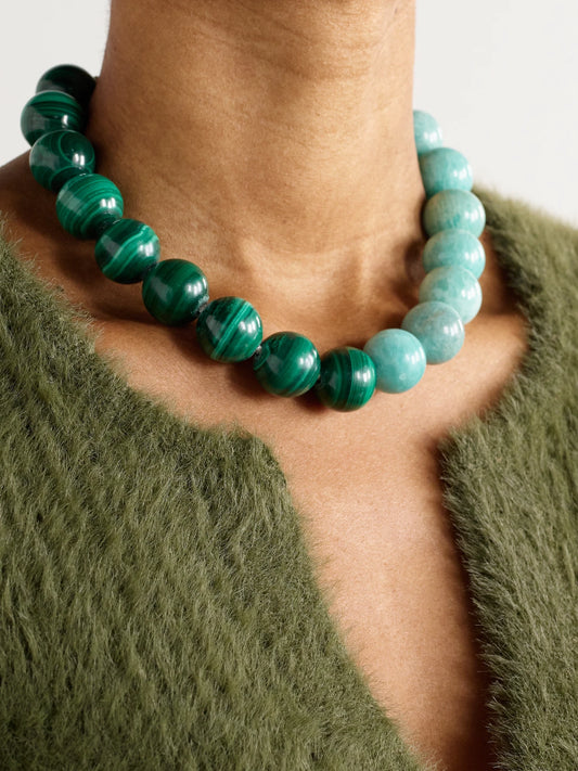 Image of Necklaces. Product name - Bowery Downtown 18-karat Gold, Malachite, Amazonite And Lurex Necklace in Blue colour by brand - Carolina Bucci