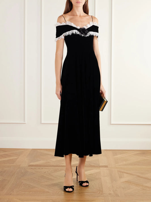 Image of Dresses. Product name - Off-the-shoulder Lace-trimmed Velvet Midi Dress in Black colour by brand - Rodarte