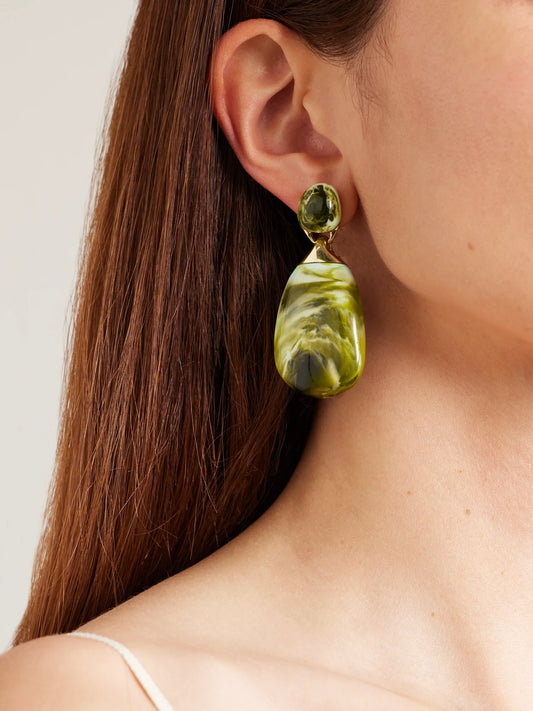 Image of Earrings. Product name - River Rock Large Gold-tone Resin Earrings in Green colour by brand - Dinosaur Designs