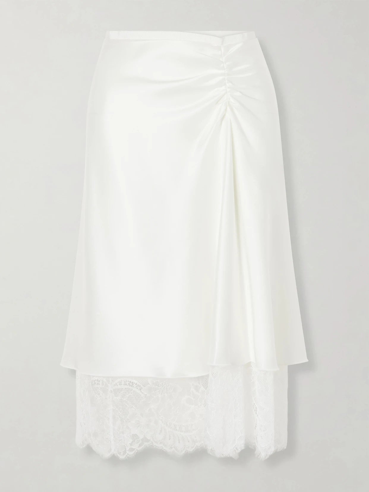 Ingrid Layered Gathered Lace-trimmed Satin Midi Skirt