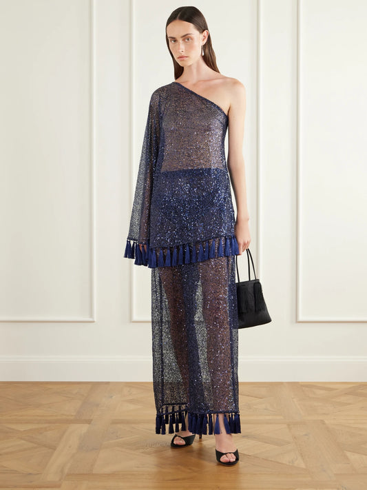 Image of a model wearing Tops. Product name - One-shoulder Fringed Sequined Mesh Mini Dress in Navy colour by brand - Taller Marmo
