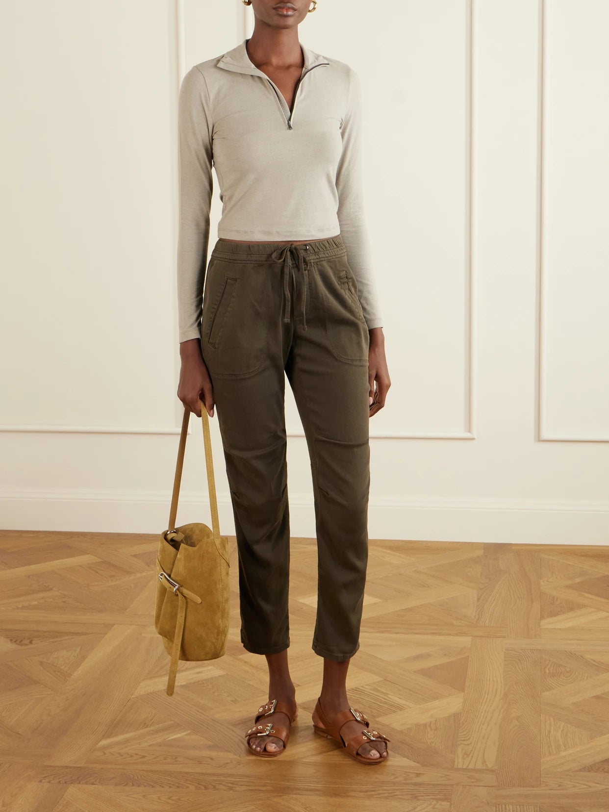 Image of Sleepwear & Loungewear. Product name - Cotton-blend Twill Track Pants in Green colour by brand - James Perse