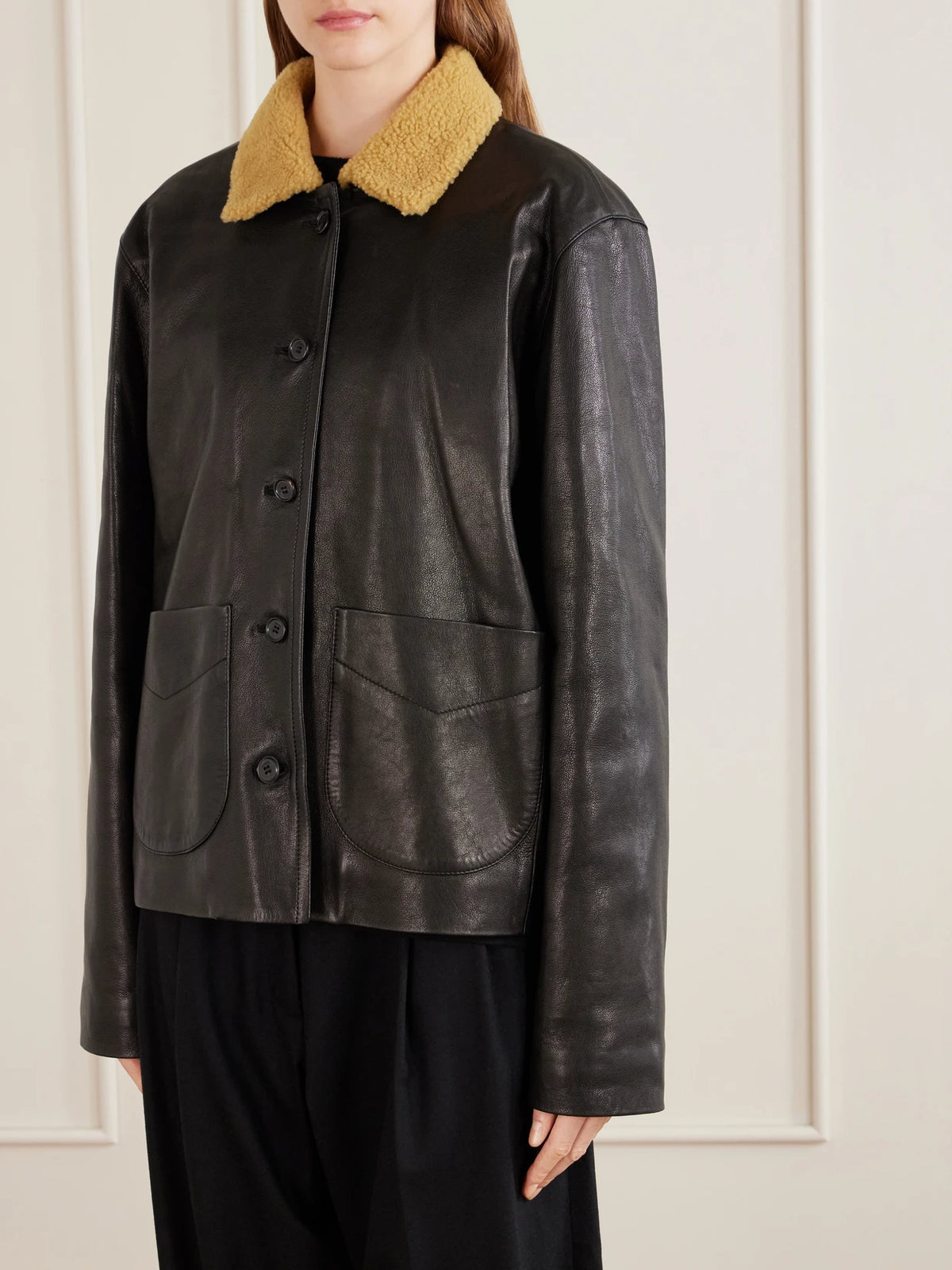 KHAITE Wilson Shearling-trimmed Grained Leather Jacket