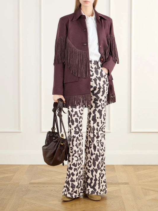 Image of Jeans. Product name - Bunny Leopard Steppe Cotton-velvet High-rise Flared Jeans in Beige colour by brand - ALIX OF BOHEMIA