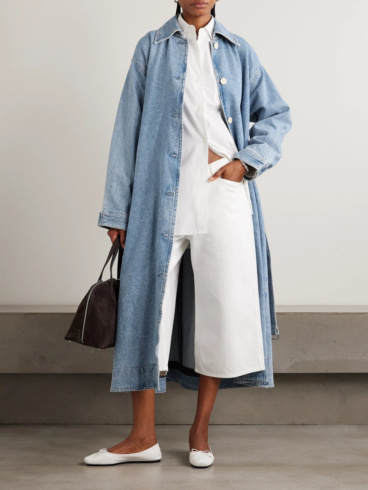 Image of Coats & Jackets. Product name - + Maria Mcmanus Oversized Organic And Recycled Denim Trench Coat in Mid denim colour by brand - AGOLDE