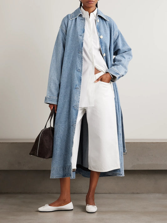 Image of Coats & Jackets. Product name - + Maria Mcmanus Oversized Organic And Recycled Denim Trench Coat in Mid denim colour by brand - AGOLDE