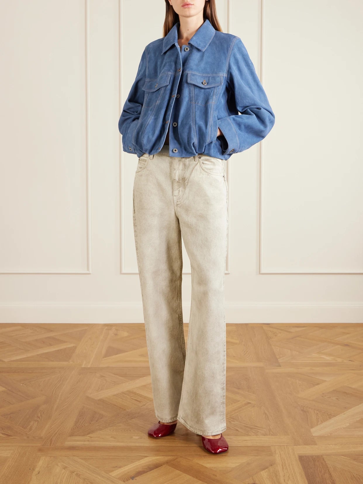 Image of Coats & Jackets. Product name - Gathered Suede Jacket in Blue colour by brand - LOEWE