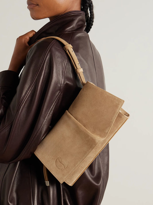 Image of Bags. Product name - Baggy Small Logo-debossed Suede Shoulder Bag in Beige colour by brand - Christian Louboutin