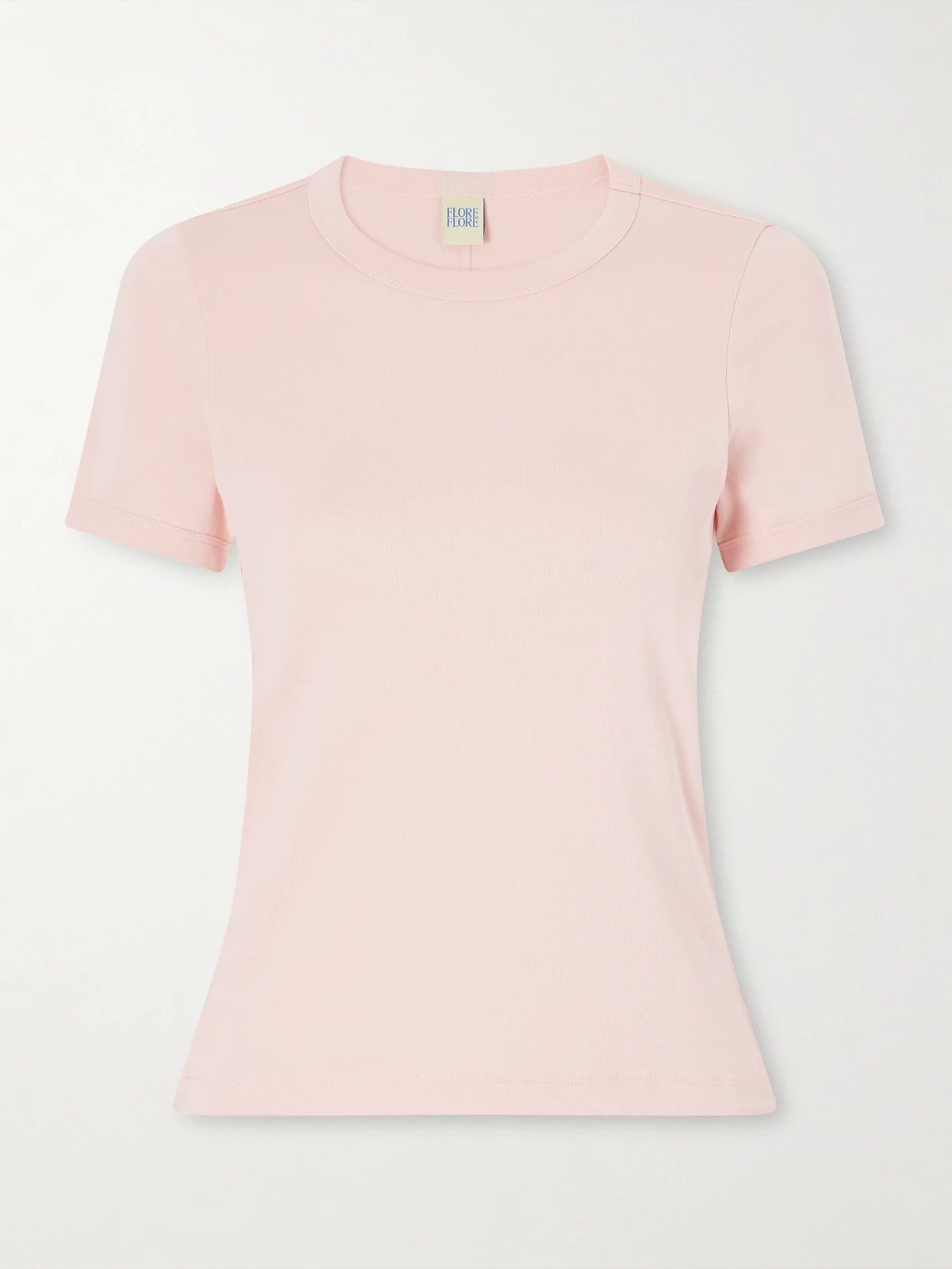 Image of a model wearing Tops. Product name - Car Organic Cotton-jersey T-shirt in Pastel pink colour by brand - FLORE FLORE