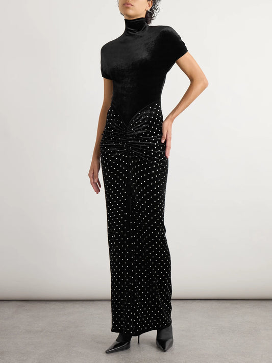 Image of Dresses. Product name - Crystal-embellished Ruched Velvet Midi Dress in Black colour by brand - Alaïa