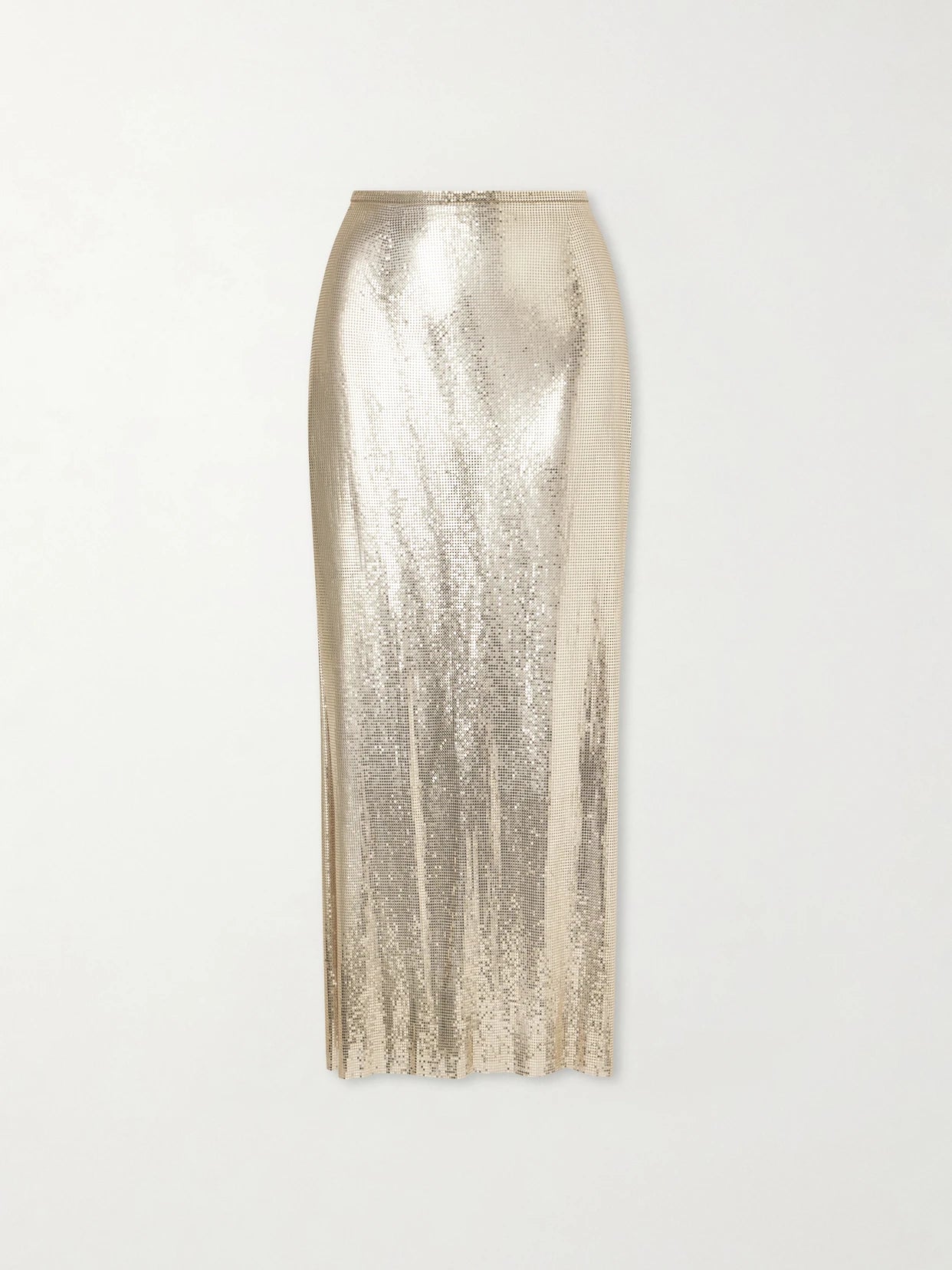 Image of a model wearing Skirts. Product name - Chainmail Maxi Skirt in Gold colour by brand - RABANNE