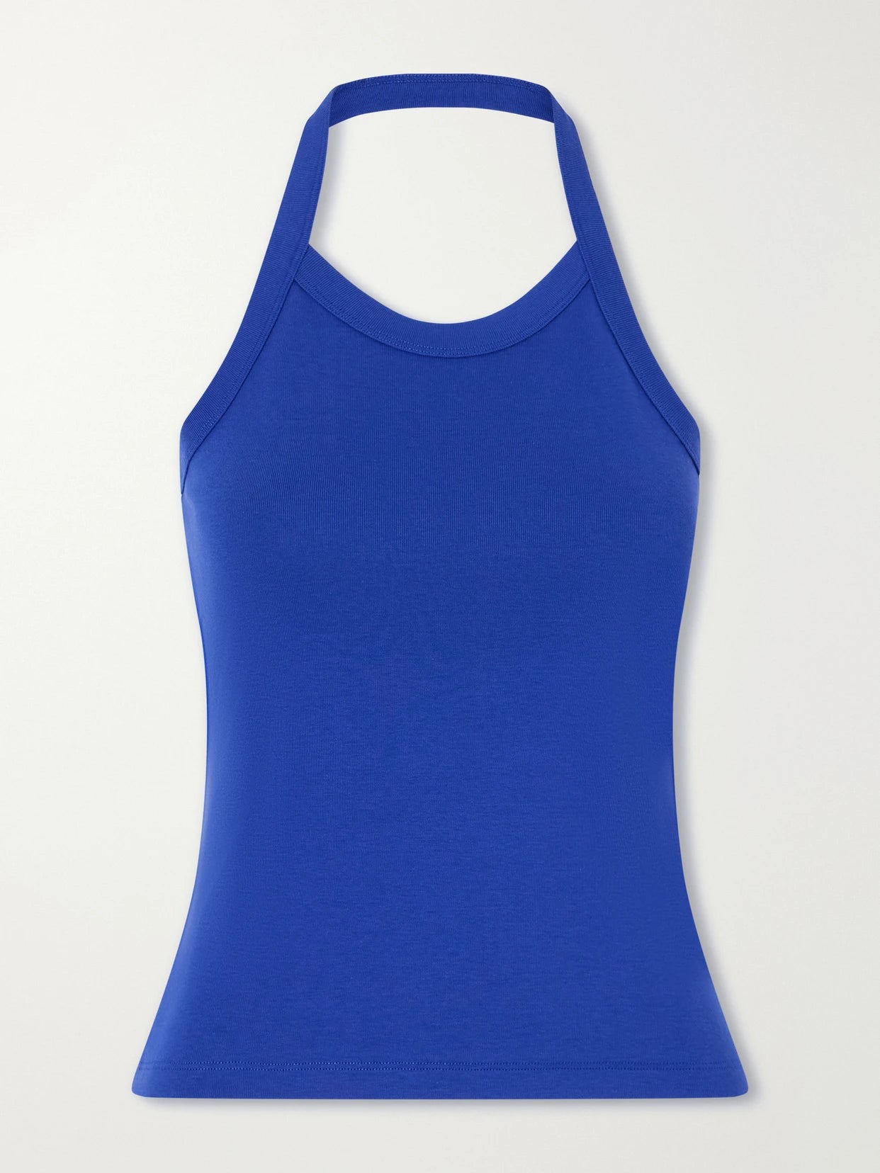 Image of a model wearing Tops. Product name - Angie Halterneck Organic Cotton-jersey Tank in Blue colour by brand - FLORE FLORE