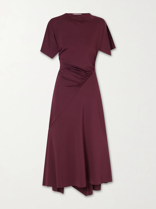 Image of Dresses. Product name - Draped Satin-jersey Midi Dress in Burgundy colour by brand - Victoria Beckham