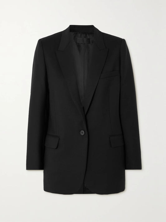 Image of a model wearing Outerwear. Product name - Diane Stretch-wool Twill Blazer in Black colour by brand - Nili Lotan