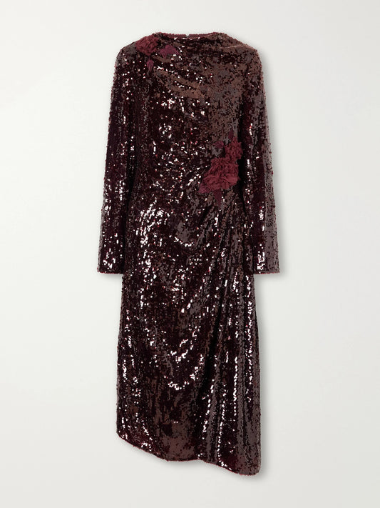 Erdem Draped Floral-appliquéd Sequin Midi Dress