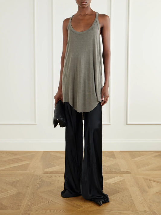 Image of a model wearing Tops. Product name - Gigi Wool And Silk-blend Jersey Tank in Stone colour by brand - Rick Owens