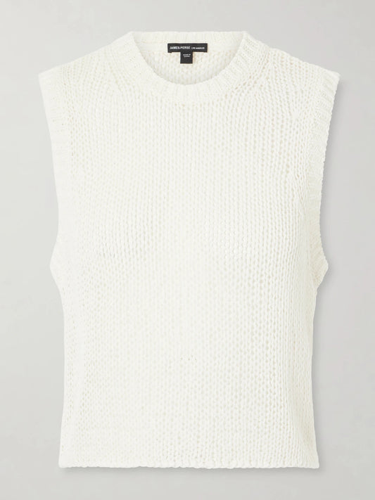 Image of a model wearing Tops. Product name - Knitted Linen And Cotton Tank in Off-white colour by brand - James Perse