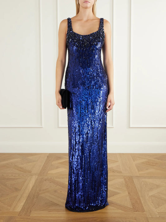 Image of Dresses. Product name - Rosalie Crystal-embellished Sequined Tulle Gown in Navy colour by brand - Jenny Packham