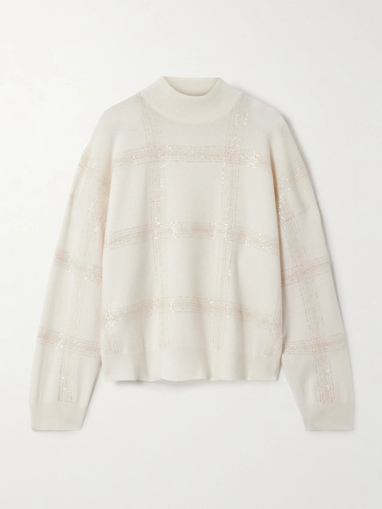 Image of a model wearing Outerwear. Product name - Sequin-embellished Wool, Cashmere And Silk-blend Sweater in Cream colour by brand - Brunello Cucinelli