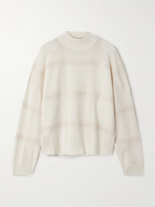 Image of a model wearing Outerwear. Product name - Sequin-embellished Wool, Cashmere And Silk-blend Sweater in Cream colour by brand - Brunello Cucinelli