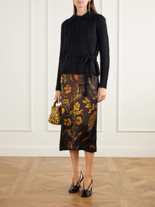 Image of a model wearing Outerwear. Product name - Belted Alpaca And Wool-blend Cardigan in Black colour by brand - Dries Van Noten