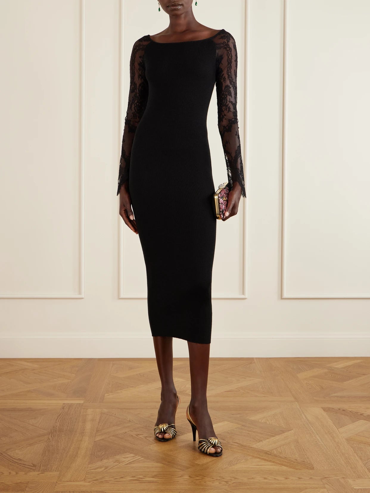 Image of Dresses. Product name - Lace-trimmed Wool-blend Midi Dress in Black colour by brand - Valentino Garavani