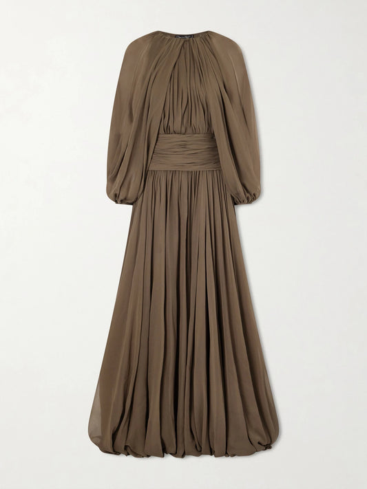 Image of Dresses. Product name - Draped Silk-chiffon Gown in Gray colour by brand - Oscar de la Renta