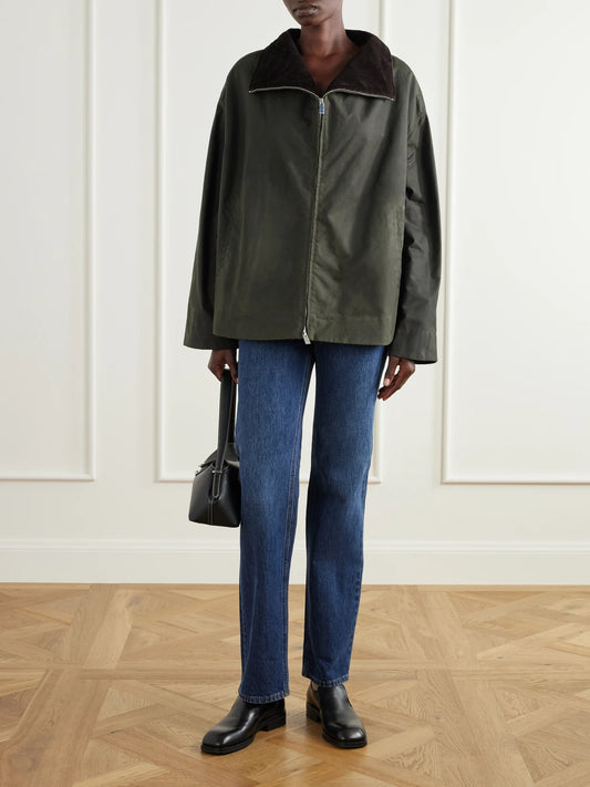 Image of Coats & Jackets. Product name - Corduroy-trimmed Waxed-cotton Jacket in Army green colour by brand - TOTEME