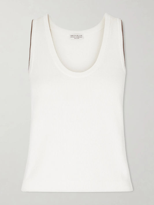 Image of a model wearing Tops. Product name - Ribbed Cotton Tank in White colour by brand - Brunello Cucinelli