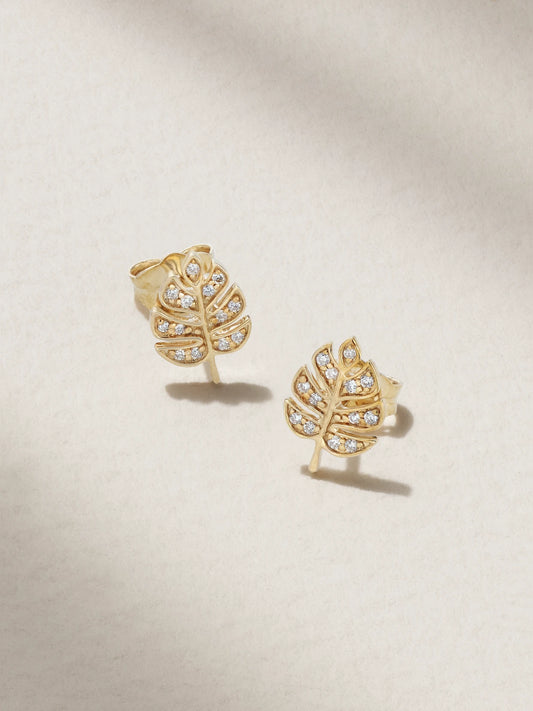 Tiny Monstera Leaf 14-karat Gold Diamond Earrings