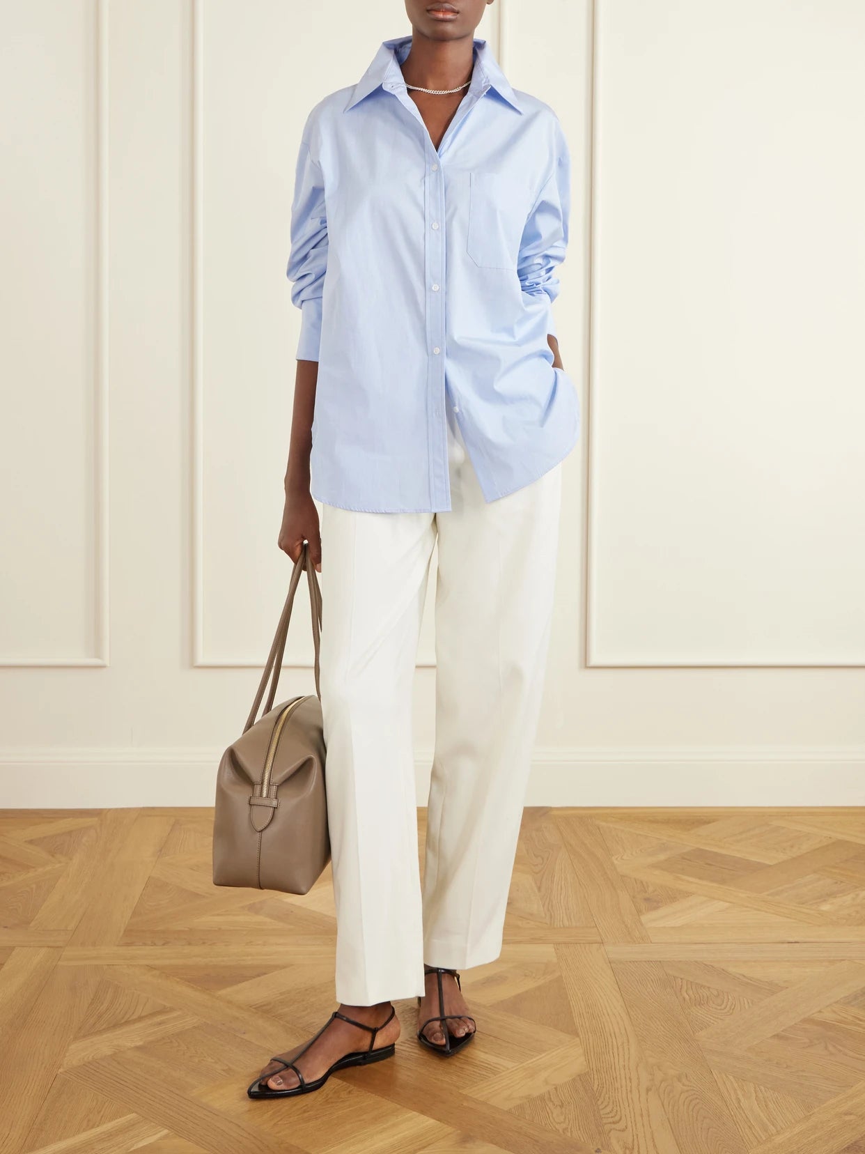 Image of a model wearing Tops. Product name - Big Joe Cotton-poplin Shirt in Light blue colour by brand - TWP