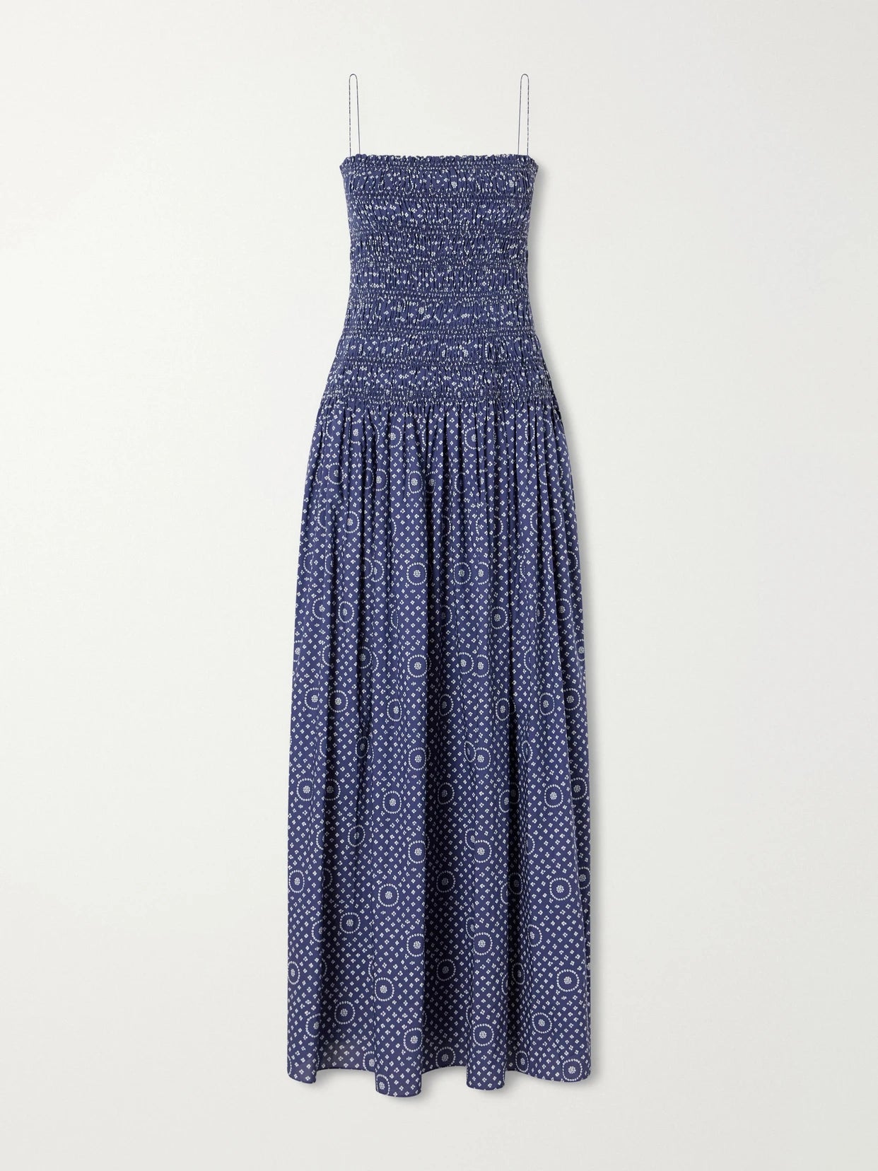 Image of Dresses. Product name - Shirred Printed Cotton Midi Dress in Blue colour by brand - Matteau
