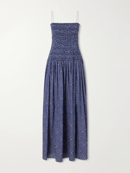 Image of Dresses. Product name - Shirred Printed Cotton Midi Dress in Blue colour by brand - Matteau