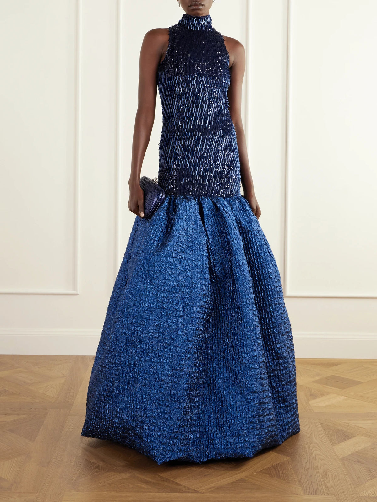 Image of Dresses. Product name - Sequin-embellished Cloqué Gown in Navy colour by brand - Dima Ayad