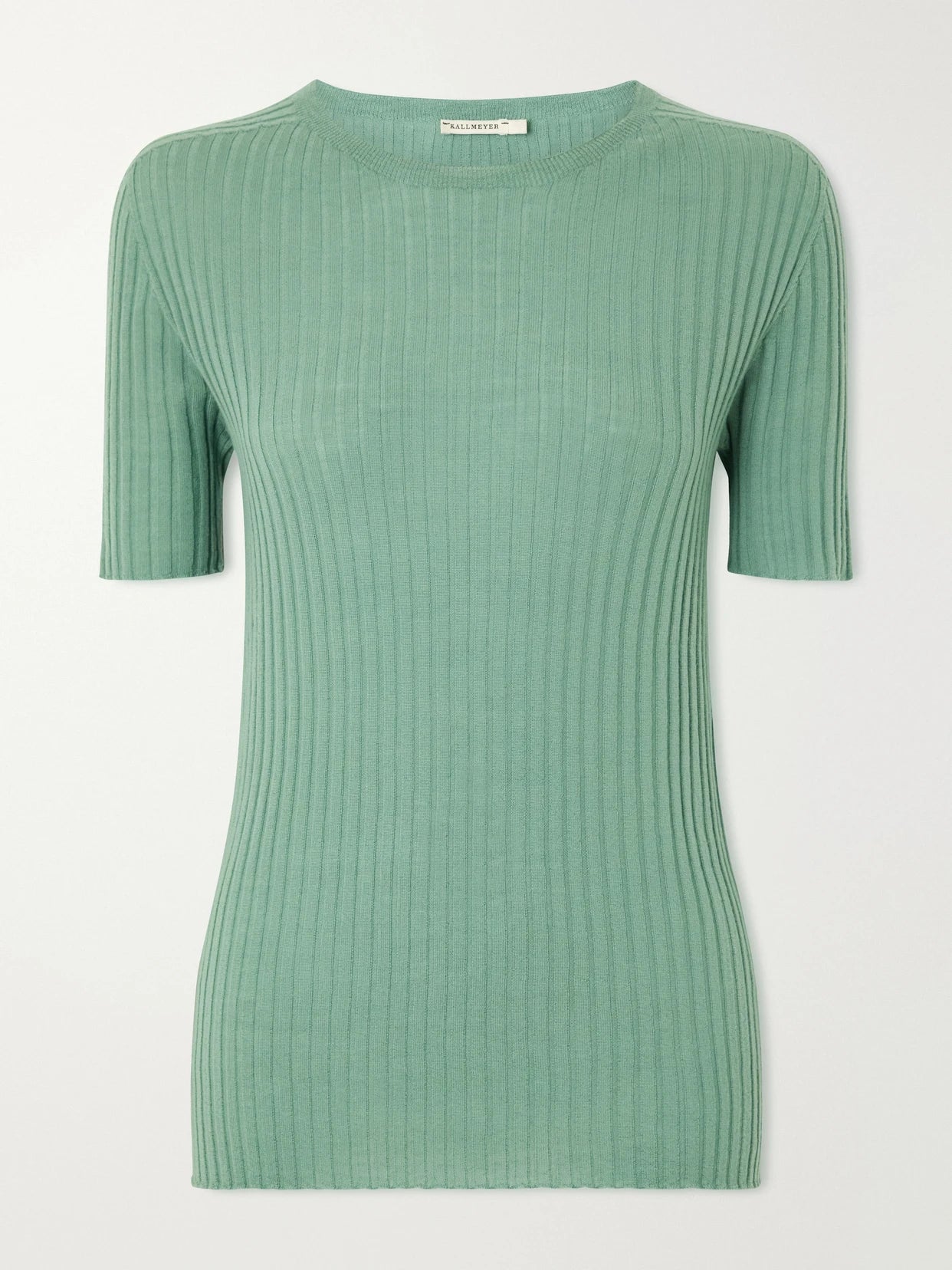 Image of a model wearing Tops. Product name - Ribbed-knit Merino Wool T-shirt in Green colour by brand - KALLMEYER