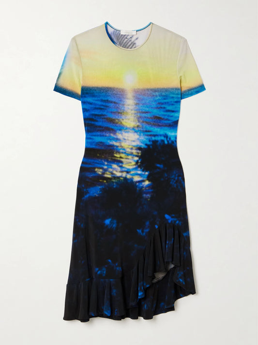 Image of Dresses. Product name - Asymmetric Printed Stretch-jersey Mini Dress in Blue colour by brand - RABANNE