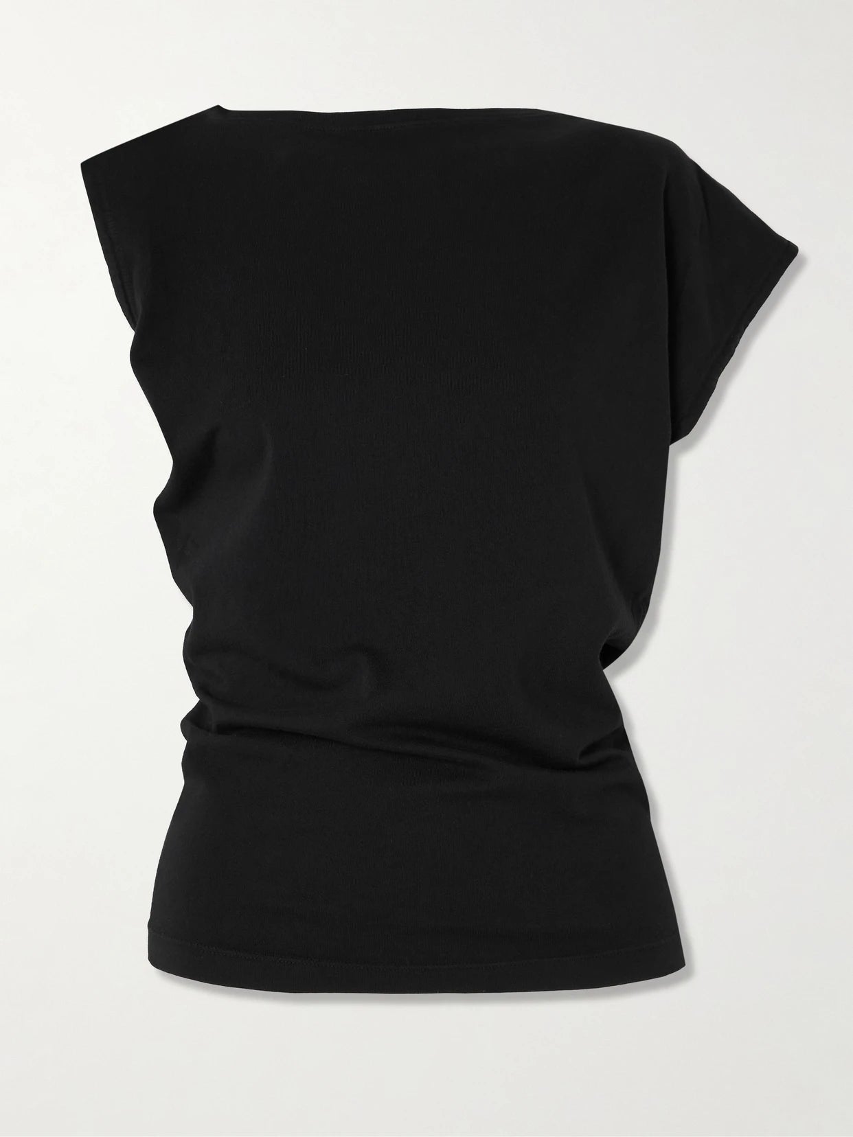 Image of a model wearing Tops. Product name - Beth Asymmetric Draped Cotton-jersey T-shirt in Black colour by brand - AGOLDE