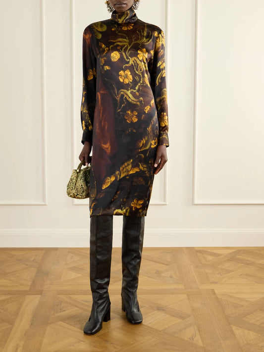 Image of Dresses. Product name - Floral-print Silk Knee-length Dress in Multi colour by brand - Dries Van Noten
